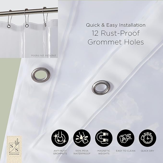 Stitch & Stone Shower Curtain Liner, Premium Medium Weight Durable Waterproof 6g PEVA for Bathroom with Weighted Magnets, Standard Size 72" x 72", Clear 2 Pack