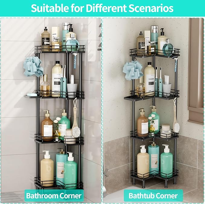 HapiRm Corner Shower Caddy Organizer - 4 Tier Shower Shelf Corner with Soap Holder, Rustproof Bathroom Standing Organizer with 4 Hooks, Black