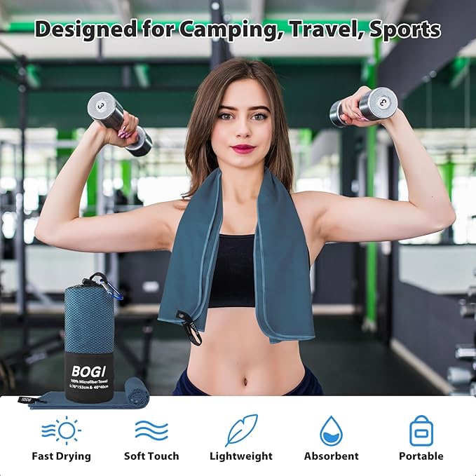 BOGI Microfiber Travel Sports Towel-Quick Dry Towel, Soft Lightweight Microfiber Camping Towel Absorbent Compact Travel Towel for Camping Gym Yoga Swimming Backpacking (XL:72''x32''+16''x16''-Nblue)