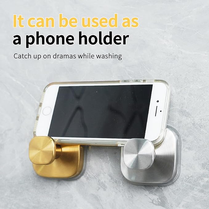 2Pcs Square Suction Cup Hook, 304 Stainless Steel Shower Hook, Removable Suction Cup Knob for Shower, Bathroom, Kitchen, Glass Door, Mirror (Gold)