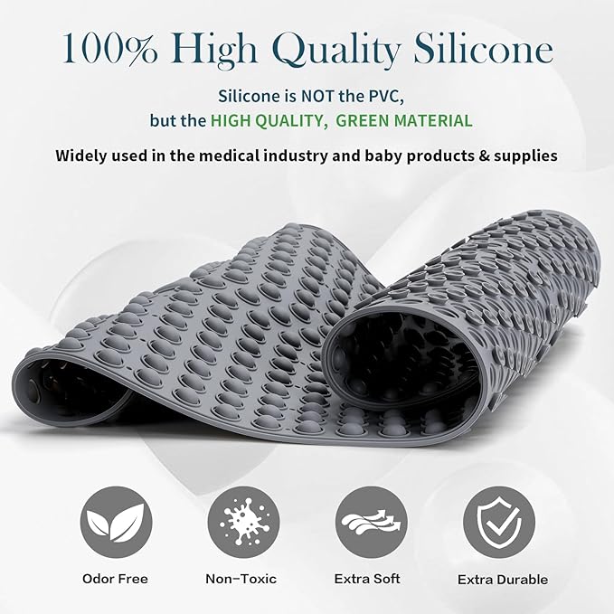 Silicone Push Pop Bath Mat with 391 Suction Cups,33x17.3 Inch Non-Slip Tub Mat for Adults, Superior to Foldable Mats for Safety & Stability with Drain Holes, Gray Thickend Soft Shower Mat
