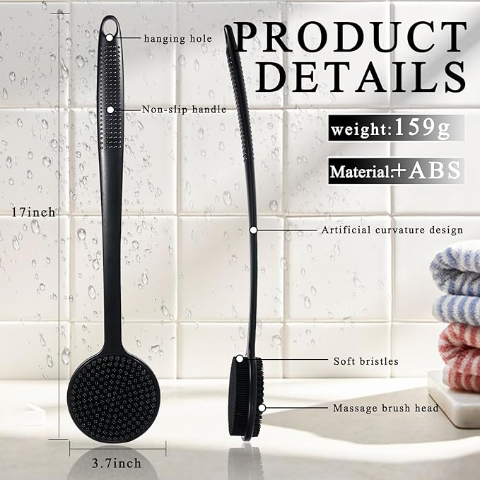 2 Pack Back Scrubber for Shower, 17in Lengthen Long Handle Body Brush, Double Sided Shower Brush for Shower Exfoliating and Massage Can Produce Rich Foam, Long Handle Back Scrubber for Men