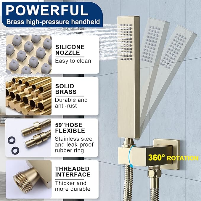 Rain Shower Head System with 14x20 Inch Ceiling Mount LED Head & 6 Inch Wall Head and Handheld Shower 3 Way Pressure Balance Valve Kit,Brushed Gold