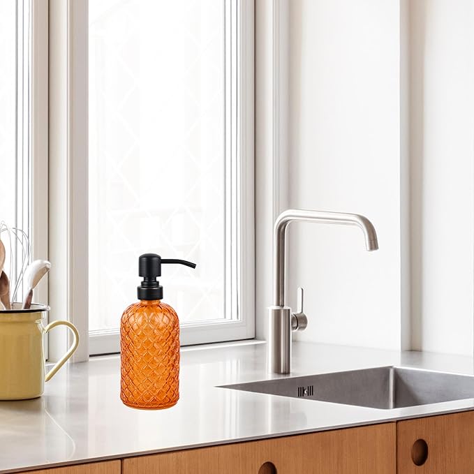 16 oz Glass Soap Dispenser with Stainless Steel Vintage Brushed Bronze Pump Head, Refillable Gemstone Pattern Soap Dispenser for Hand Soap, Dish Soap, and Lotion (Orange)