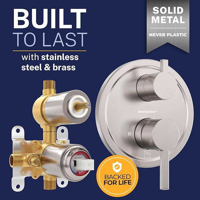 HammerHead Showers Solid Metal Two Handle Shower Valve and Trim Kit Brushed Nickel, Diverts Water Controls Volume and Temperature, Rough-In Shower Trim Kit with Valve and Pressure Balance Shower Valve