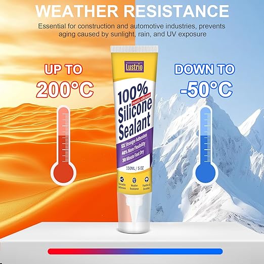High-Strength Silicone Sealant & Adhesive - 100% Waterproof, Flexible Caulk for Kitchen, Bathroom, Shower, Window, Auto - Creates Durable, Shrink & Crack Resistant Seal 5 Oz. Tube. (Clear)