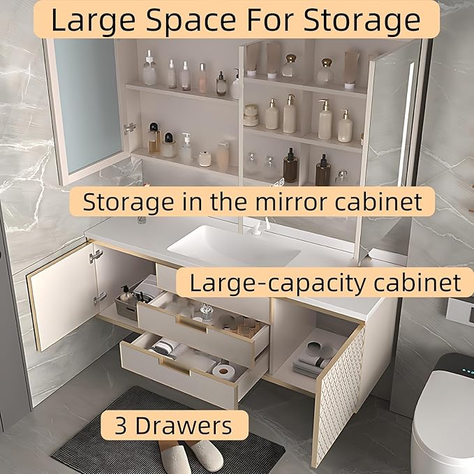Modern Bathroom Vanity - Wall-Mounted Bathroom Cabinet with LED Light | Intelligent Defogging Mirror Cabinet Includes Time Display Function, 2 Drawers & 2 Storage Cabinets (Style B, 56IN)
