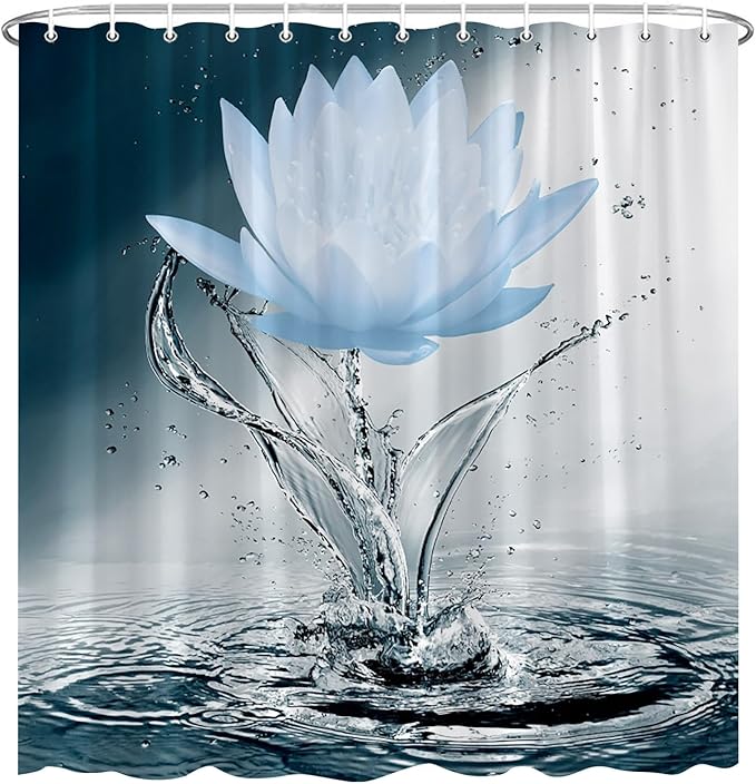 Lotus Shower Curtain Black White Blue Flower Elegant Blooming Floral with Dew Spring Flower Reflection on Water Modern Romantic Polyester Fabric Bathroom Decor 36×70 Inch with Hook