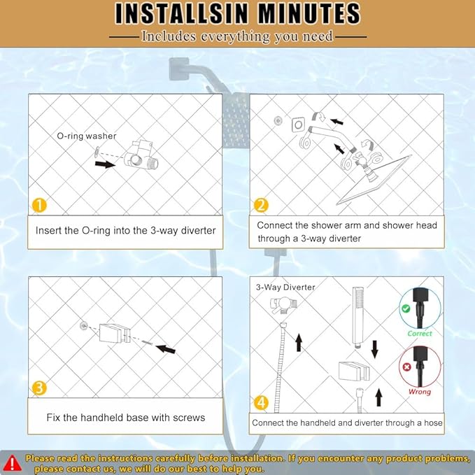 8 Inch Rainfall Shower Head and Handheld Spray Combo with 3-Way Diverter and Touch-Clean Nozzles, Rough-in Valve Body and Trim Included, Matte Black