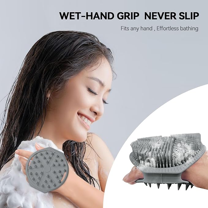 Silicone Body Scrubber as Stocking Stuffers, Dual-Sided Silicone Loofah for Shower, Exfoliating Body Brush Scrubber for Men and Women for All Skin, Scalp Massager Lather Well＆Easy to Clean (Gray)