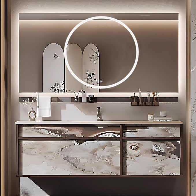 44IN Modern Bathroom Vanity with Sink - Bathroom Vanity with Drawer Organizer, LED Mirror Lights & Defogging Function | Wall - Mounted Vanity with Multifunctional Storage Rack