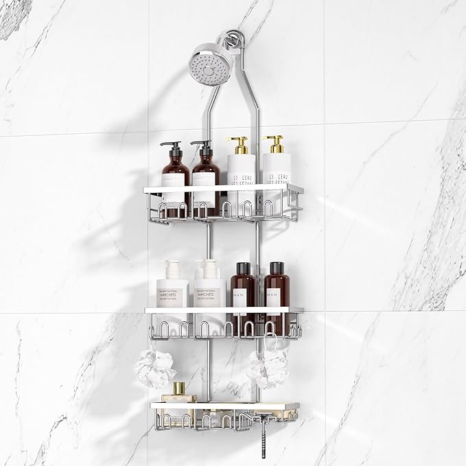 Shower Caddy,Rustproof Shower Shelves Over Shower Head,Triple Adjustable Storage,Silver