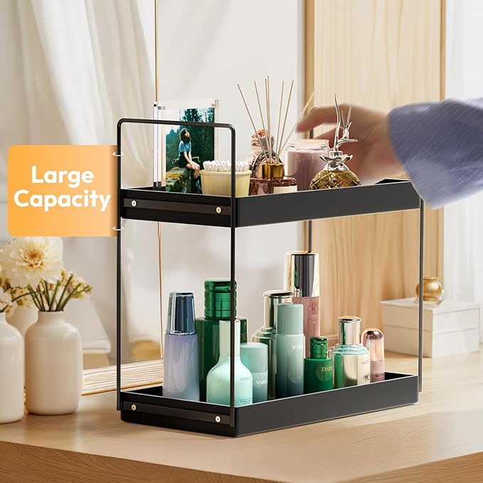 NPPLUS Bathroom Countertop Organizer, 2 Tier Metal Vanity Counter Skincare Shelf, Matte Black, 13.6"L x 6.9"W x 13.8"H