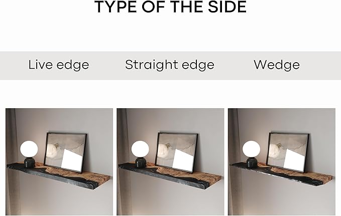 RWA Live Edge Floating Shelf – Unique Wood Floating Shelf for Wall Decor, Living Room, Bedroom, or Bathroom – Stylish Decorative Wall Shelves for Home & Office (Live Edge, Black - 16x6)