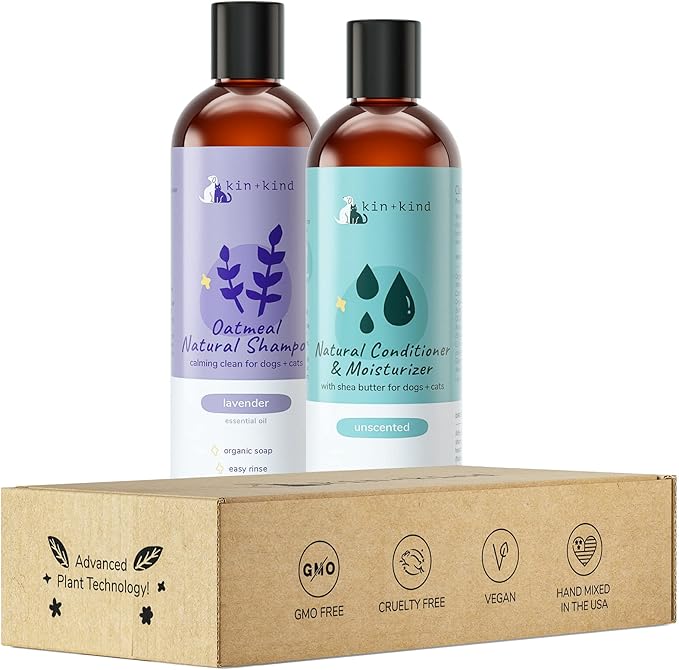 kin+kind Oatmeal Shampoo for Dogs & Cats – Natural Anti Itch Pet Shampoo for Sensitive Skin with Colloidal Oatmeal, Coconut Oil & Olive Oil – Moisturizing Oatmeal Bath for Dry & Itchy Skin – Bundle