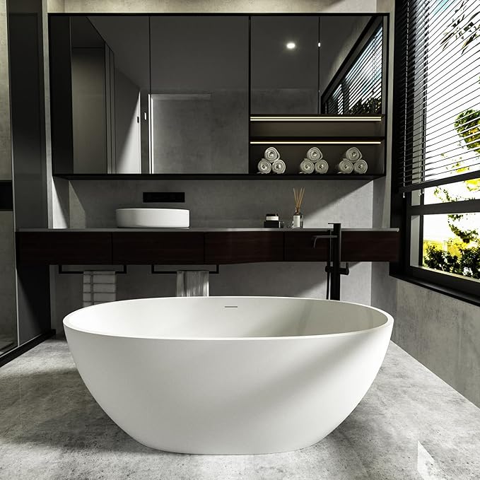 Cpingao 67" Freestanding Bathtub, Oval Shaped Stone Resin Freestanding Tubs, Solid Surface Matte White Soaking Tub with Overflow and Pop-up Drain 8801-1700