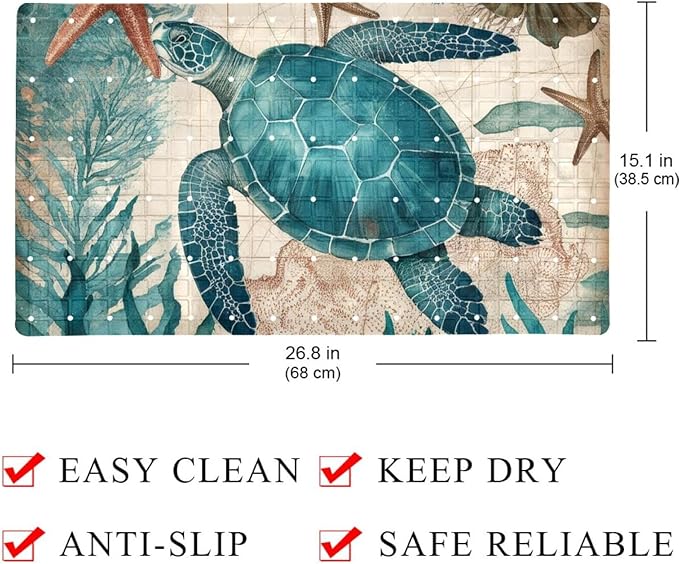 Bathtub Mats for Shower Tub, Anti-Slip Bath Mats for Inside Tub, Bathroom Shower Mats with Drain Holes and Suction Cups (Vintage Sea Turtle Starfish Turquoise and Teal Tones)
