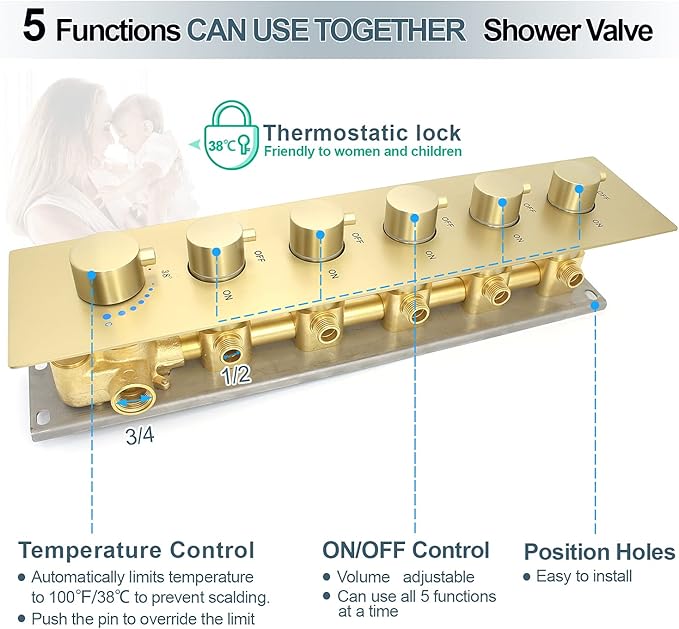 HOMEDEC Multi Function Shower Diverter Valve with Trim, 5 Port Concealed Brass Thermostatic Mixer Shower Control Valve Kit Replacement(5-Way, Brushed Gold)