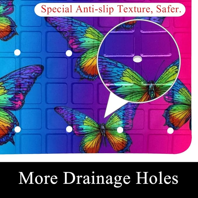 Bath Tub and Shower Mats, Non Slip Bathmat with Drain Holes and Suction Cups for Bathroom Floor, 15.1 x 26.8 Inch (Colorful Butterflies on Vibrant Gradient Background)