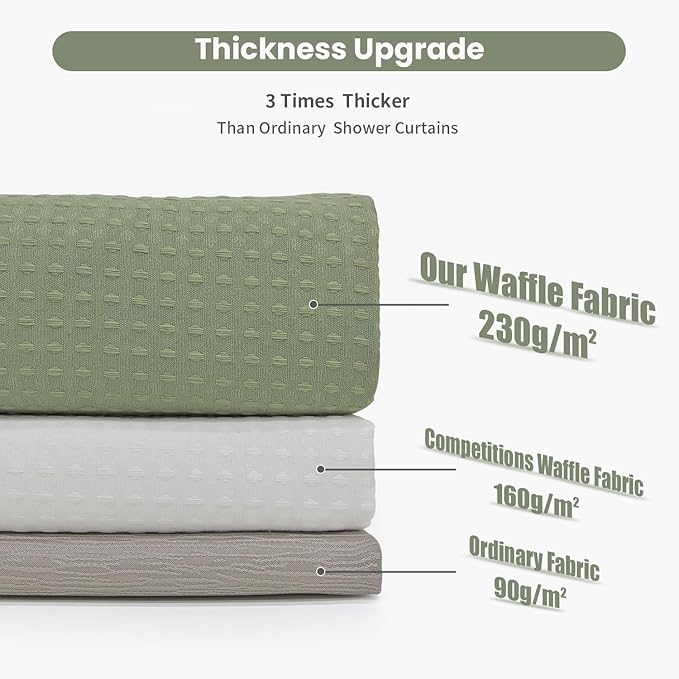 Inhousolu Fabric Shower Curtain Waffle Weave, Sage Green 230 GSM Heavy Duty, Weighted Hem, 14 Metal Hooks, Water Repellent, Machine Washable, Hotel Spa Luxury Bath Curtain Set, 72 x 78 Inch