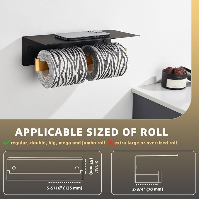 Angle Simple Double Toilet Paper Holder with Shelf, 304 Stainless Steel Bathroom Toilet Tissue Roll Holder for Wall Black and Gold