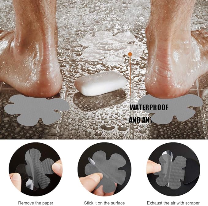 Original Bathtub Stickers Non-Slip, 12PCS Safety Shower Treads Adhesive Appliques with Premium Scraper Grey