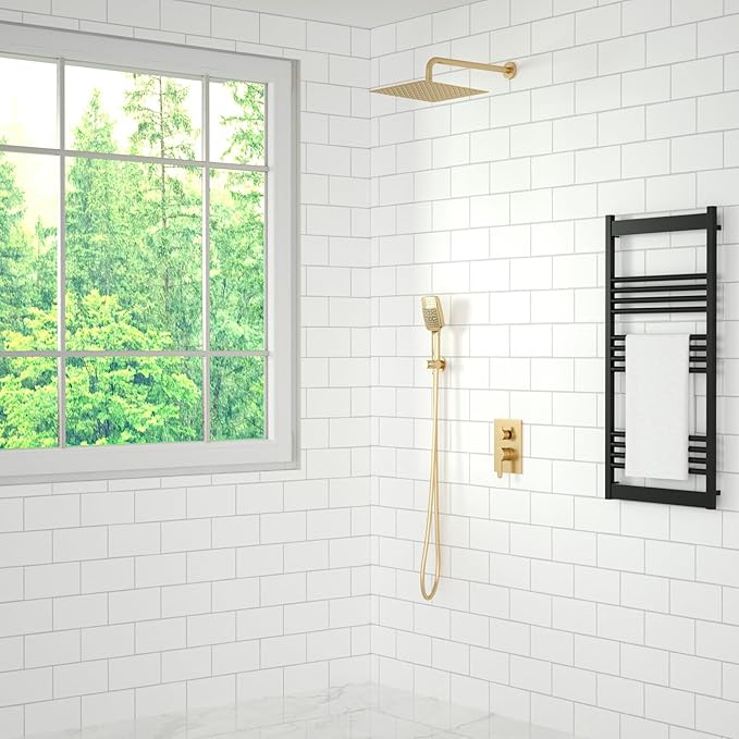 Shower Faucet Set - 12 inches Rain Shower System with 6 Function Handheld Shower Head Rough in Pressure Balance Valve Kit - Stainless Steel Bathroom Shower Kit Complete Brushed Gold