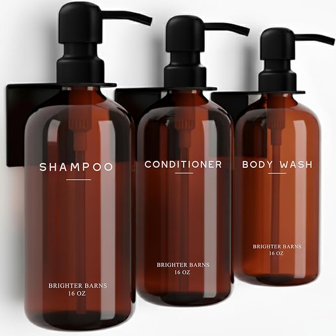 Amber Shampoo and Conditioner Dispenser Set Wall Mounted by Brighter Barns - Plastic Shower Dispenser Set - 3 Chamber Drill Free Shampoo Bottles - Modern Bathroom Decor for Guest Bathroom, Spa (Amber)