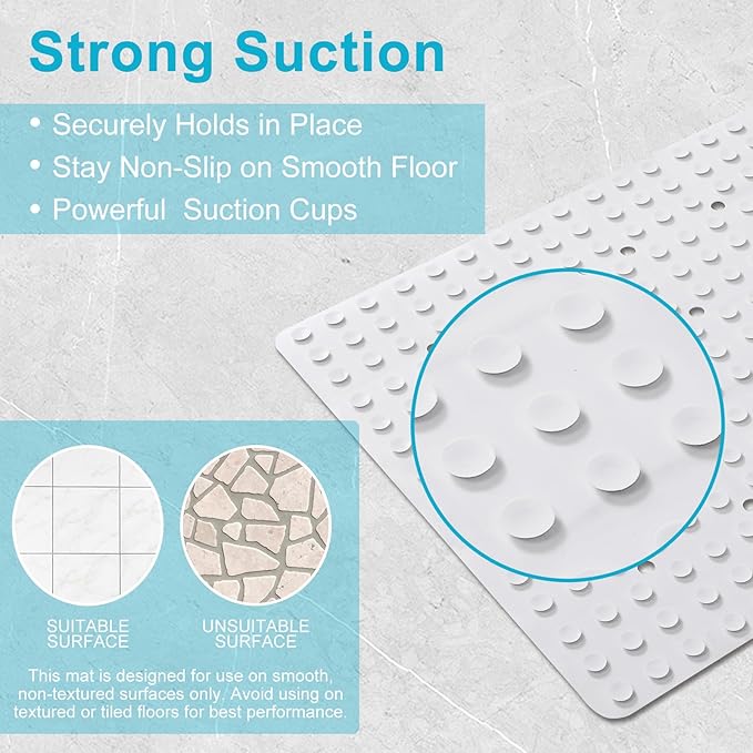 Non-Slip Bath Mat for Tub & Shower：Silicone Foldable Bathtub Mat with Strong Suction Cups, Quick Drain Holes, Machine Washable Extra Large Bathroom Mats 35.8" x 17.7", White