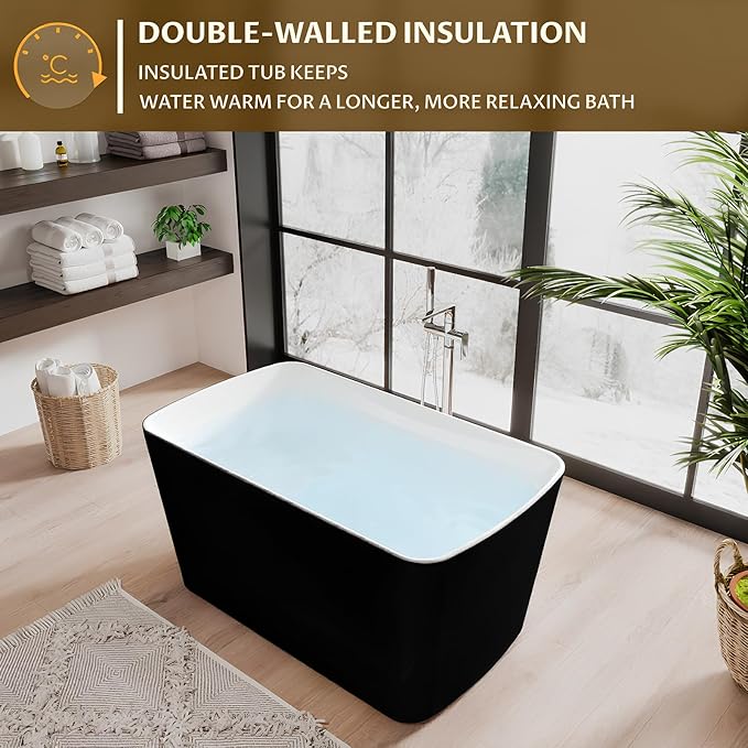 49" Acrylic Freestanding Bathtub - Japanese Square Soaking Tub with Built-in Seat, Toe-Tap Drain & Overflow, Black,Compact Space-Saving Bath for Bathrooms