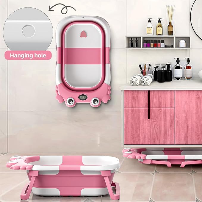 Collapsible Baby Bathtub for Newborns to Toddler with Real-time Temp Monitor & Floating Cushion,Portable Travel Tub for 0-36 Month, Foldable Baby Bath Tub for Infants Girl (Pink)