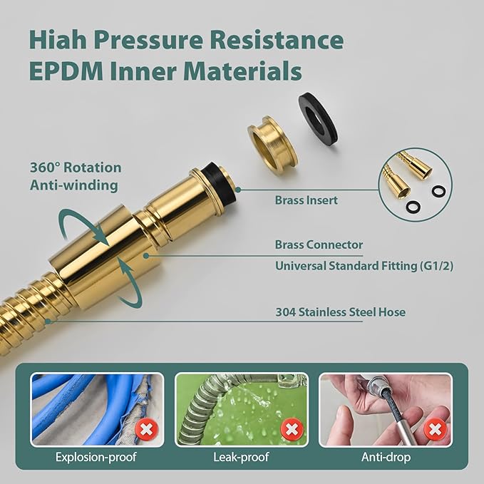 Shower Hose Replacement For Cleaning 304 Stainless Steel Shower Head Hoses 59 Inches High Pressure Bidet Hose Flexible Rose Gold Extension Showerhead Hoses Extra Long (Gold, 58 In)