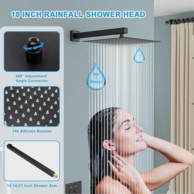 Rain Shower System - Lordear 10 Inch Rainfall Shower Head Faucet System Set Wall Mounted Matte Black Stainless Steel Square Shower Head with Handheld Combo, Brass Valve Included