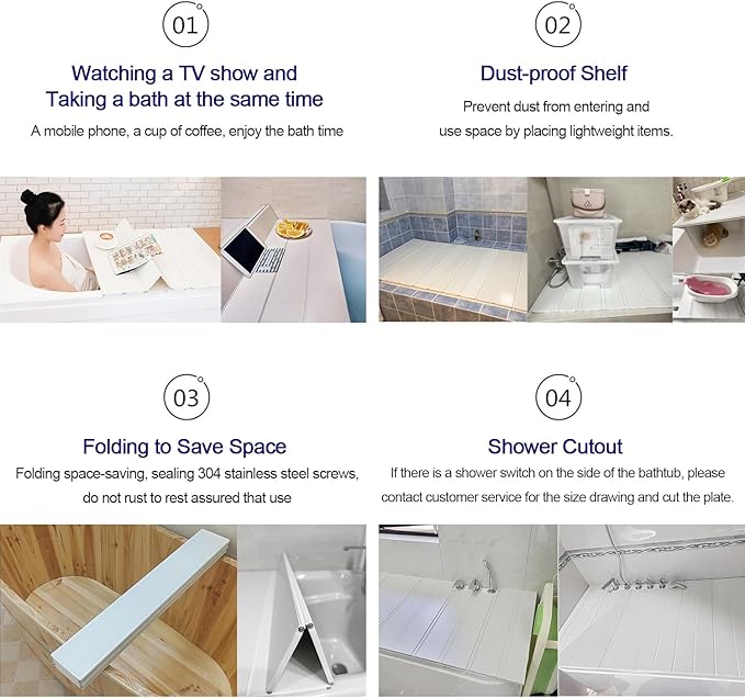 Adjustable Foldable Dust-Proof Bathtub Cover White,Waterproof Shutter Bathtub Tray & Laptop Desk 2 in 1 Fits Most Tubs,Modern Bath Tub Racks for Home (92x172CM(36.2"x67.7"), 0.47in Thick)