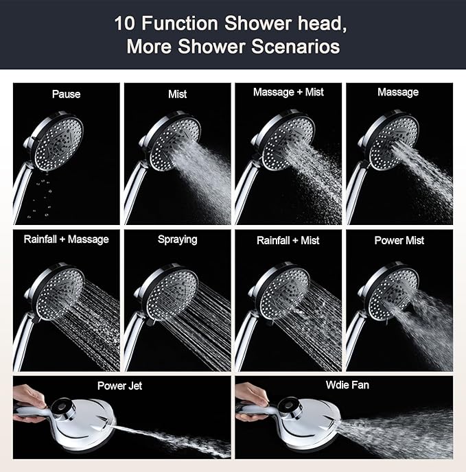 2.5gpm Magnetic Shower Head with Handheld:High Pressure10-setting Handheld Shower Head,Magnetic Bracket,59 Inches Stainless Steel Shower Hose,Magnetic Shower Base. (Basic Model, Chorme)