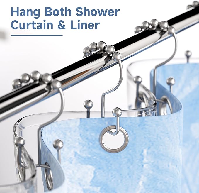 Titanker Shower Curtain Hooks Rings, Rust-Resistant Metal Double Glide Shower Hooks for Bathroom Shower Rods Curtains, Set of 12 Hooks - Chrome