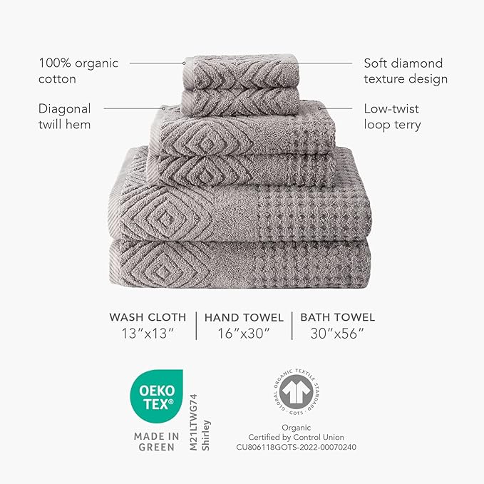 Texere 100% Organic Cotton Diamond Jacquard 700 GSM Luxury Bath Towel Sets - Ultra Soft and Absorbent Hotel and Spa Quality (Diamond, Charcoal, 2 Bath Towels)