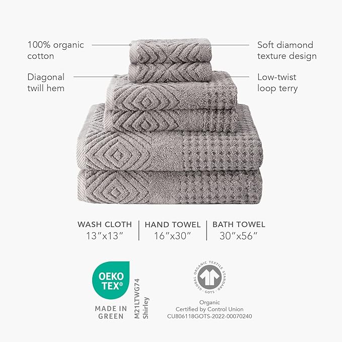 Texere 100% Organic Cotton 700 GSM Luxury Bath Towel Sets - Ultra Soft Hotel and Spa Quality, 2 Large Bath Towels, 2 Hand Towels, 2 Washcloths (Diamond, Merlot, 6 Piece)