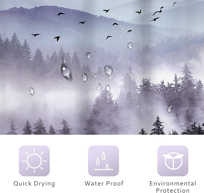 Riyidecor Purple Mountain Shower Curtain 72Wx78H Inch Nature Scenery Landscape Rustic Pine Tree Misty Foggy Mountain Dark Natural View Mens Bathroom Decor Fabric Polyester Waterproof 12 Pack Hooks