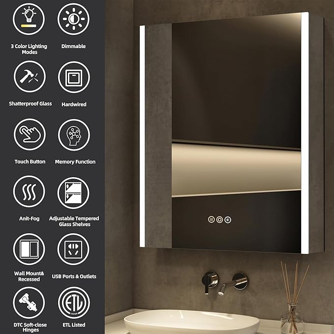 Medicine Cabinet with LED Lights and Mirror, 20 x 28 Inch Surface or Recessed Mounted Bathroom Cabinet with Door, Defogger, Memory Function, 3-Color Mode, Outlet&USB, Dimmer, Storage Shelf