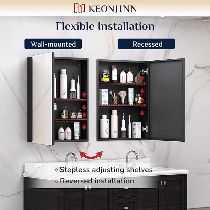 Keonjinn 60 x 32 Inch Medicine Cabinet, Assembly Required, Black Bathroom Medicine Cabinets Mirror, Lightweight, Adjustable Shelves, Surface Mount or Recessed, Tempered Glass
