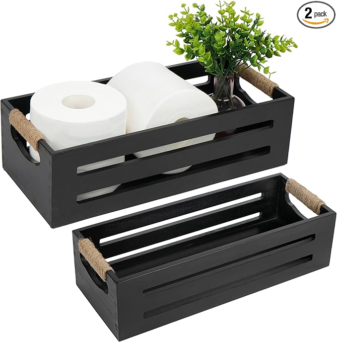 LotFancy Bathroom Decor Box, 2 Pack Toilet Tank Topper Basket, Wooden Bathroom Basket, Back of Toilet Storage Basket, Black Farmhouse Toilet Paper Holder