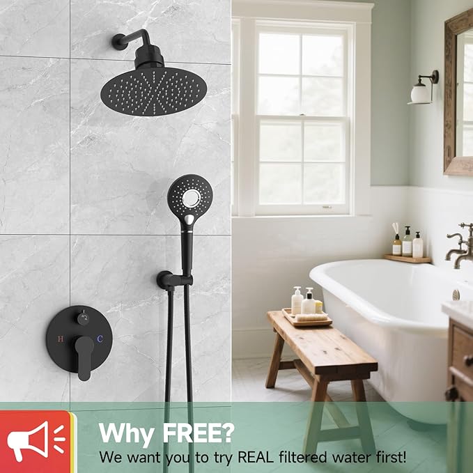 SunCleanse Shower System - 12 Inch Dual Filtered Rainfall Shower Head Combo - High Pressure 3 Spray Mode Showerhead-Included Rough in Valve and Trim Kit - Matte Black