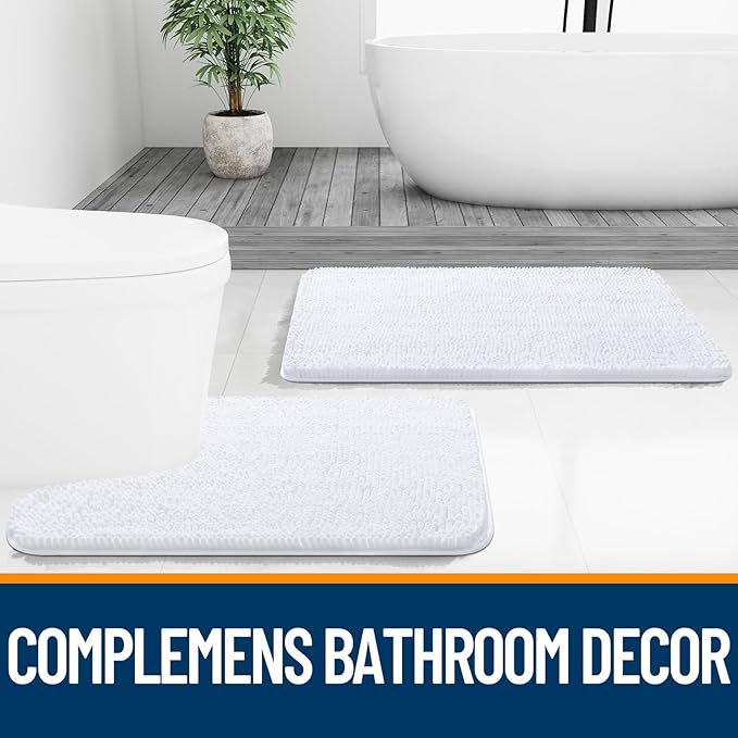 OLANLY Bathroom Rugs Sets 2 Piece, Soft Absorbent Chenille Bath Mats and U-Shaped Contour Toilet Mat Area Rug Set, Machine Washable Bath Carpet, Home Decor Accessories(24"x16"+24"x20", White)