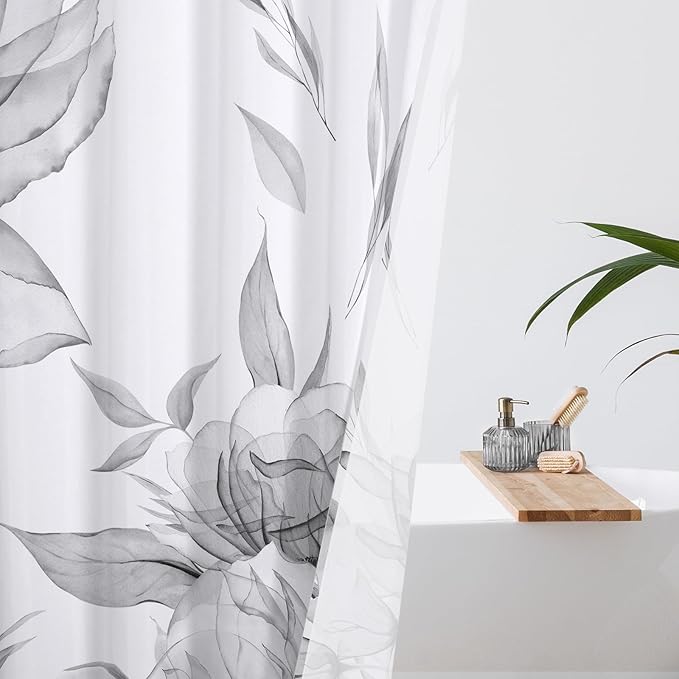 Long Boho Watercolor Floral Shower Curtain 72 x 78, Grey Ink Painting Style Flower Shower Curtains for Chic Elegant Bathroom, Artistic 78 Inch Long Fabric Shower Curtain