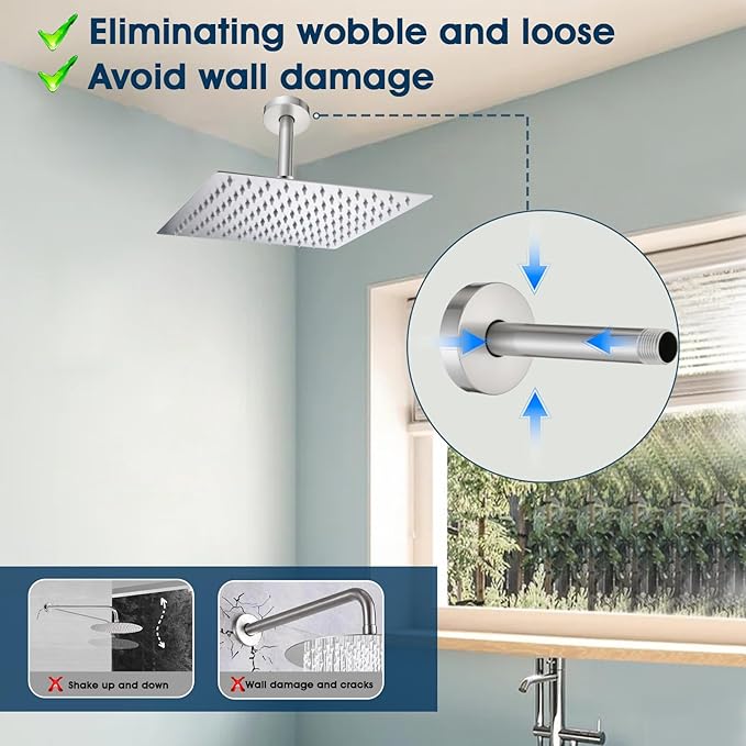6 Inch Straight Shower Arm with Flange and Stabilizer Bracket, Ceiling Mount Replacement Rain Shower Head 304 Stainless Steel Arm For Fixed Shower Head, Brushed Nickel
