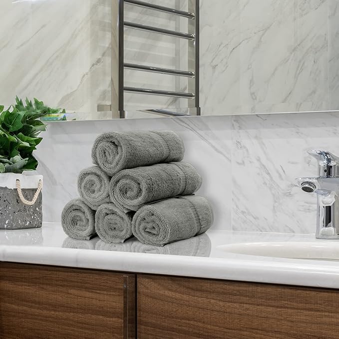 Monogrammed Hand Towel, Personalized Initial Gift, Extra Absorbent 100% Turkish Cotton - Soft Terry Finish - Set of 2 - Silver Block Initial F - Embroidered on Grey Towels