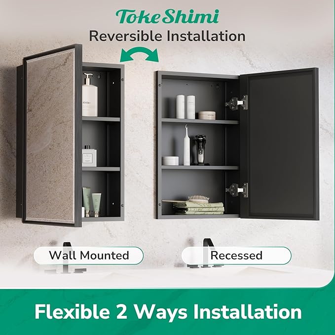TokeShimi 26x30 Recessed Medicine Cabinet with Mirror Wall Mounted, Metal Beveled Mirror with Storage for Bathroom Vanity, Aluminum Alloy Medicine Cabinet Mirrored Black