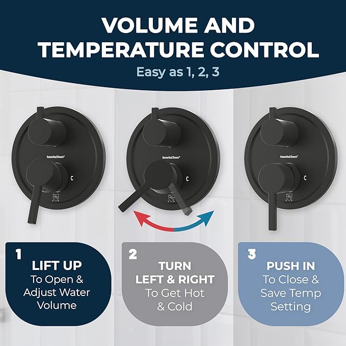 HammerHead Showers Solid Metal Two Handle Shower Valve and Trim Kit Matte Black, Diverts Water, Controls Volume and Temperature, Rough-In Shower Trim Kit with Valve and Pressure Balance Shower Valve