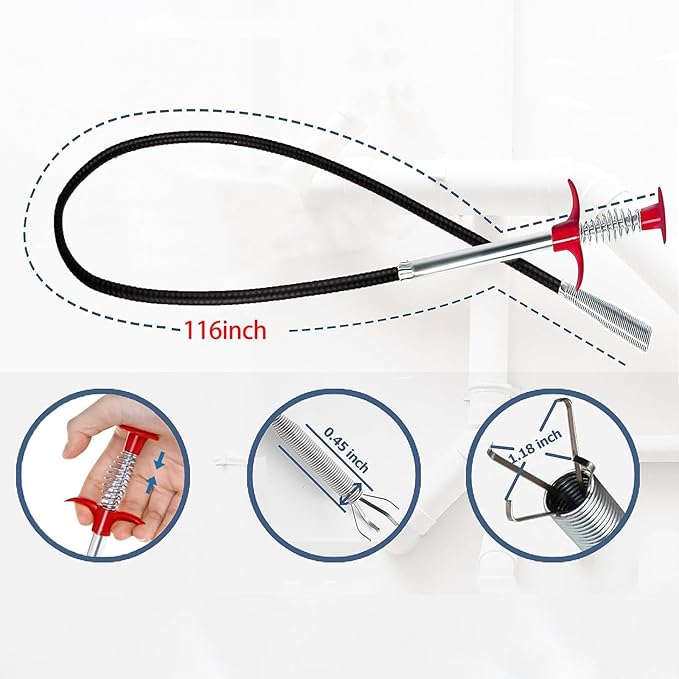Drain Snake,116 inch Flexible Grabber Claw Pick Up Reacher Tool,Drain Clog Remover - Gutter Cleaning Tools for Home Sink, Bathroom Tub,Drain, Toilet, Tight Spaces